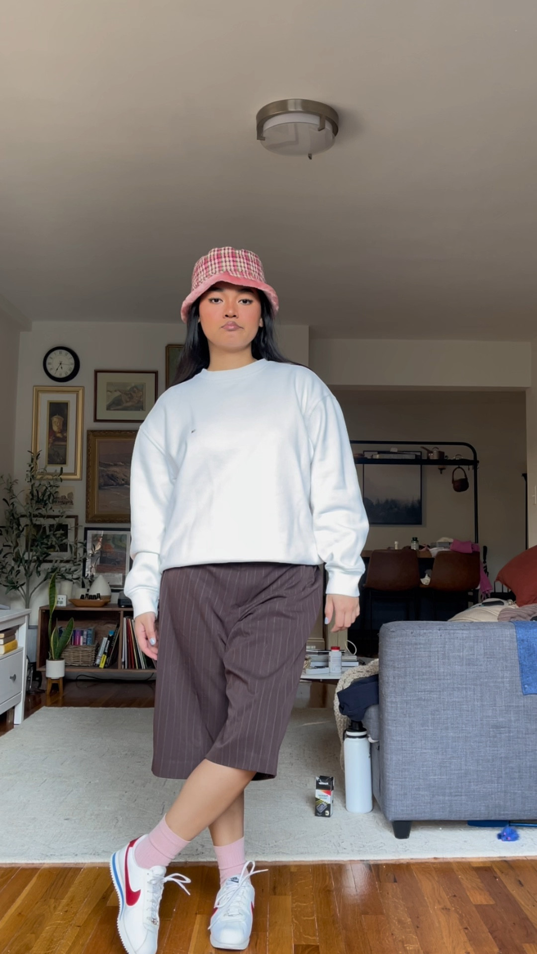 Swag on 😎 love this pink fuzzy bucket hat i got from thrift store! Actually my entire fit (tommy hilfiger crewneck and the brown pin stripe dress pants) is thrifted except for the adidas camo fanny pack and nike cortez. #casualclothes #baggyclothes #pinkhat #summeroutfit #springoutfit

#LTKFind #LTKstyletip #LTKfit