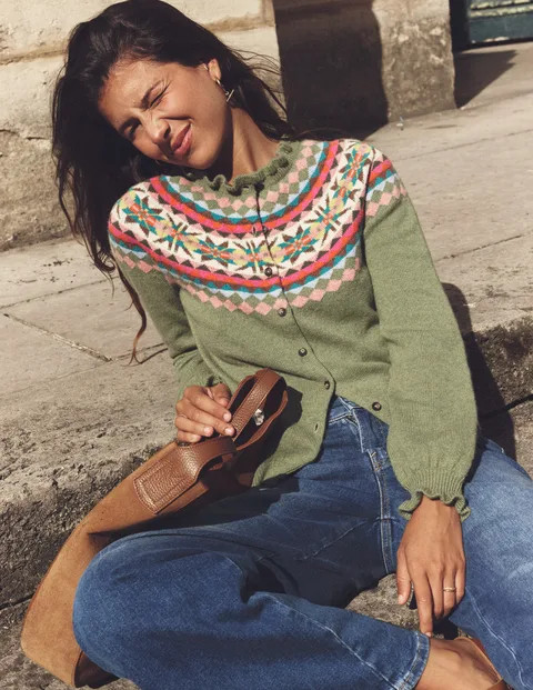 Fae Fair Isle Frilled Cardigan - Green | Boden US | Boden (US)