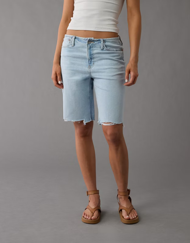 AE 11" Dreamy Drape Stretch Denim High-Waisted Jort | American Eagle Outfitters (US & CA)