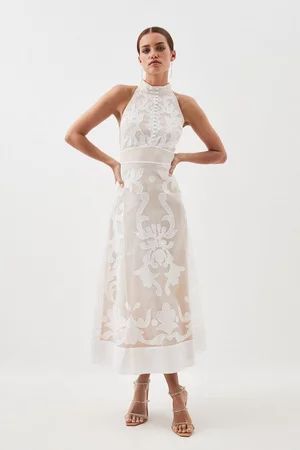 Petite Applique Organdie Midi Woven Dress | Karen Millen US