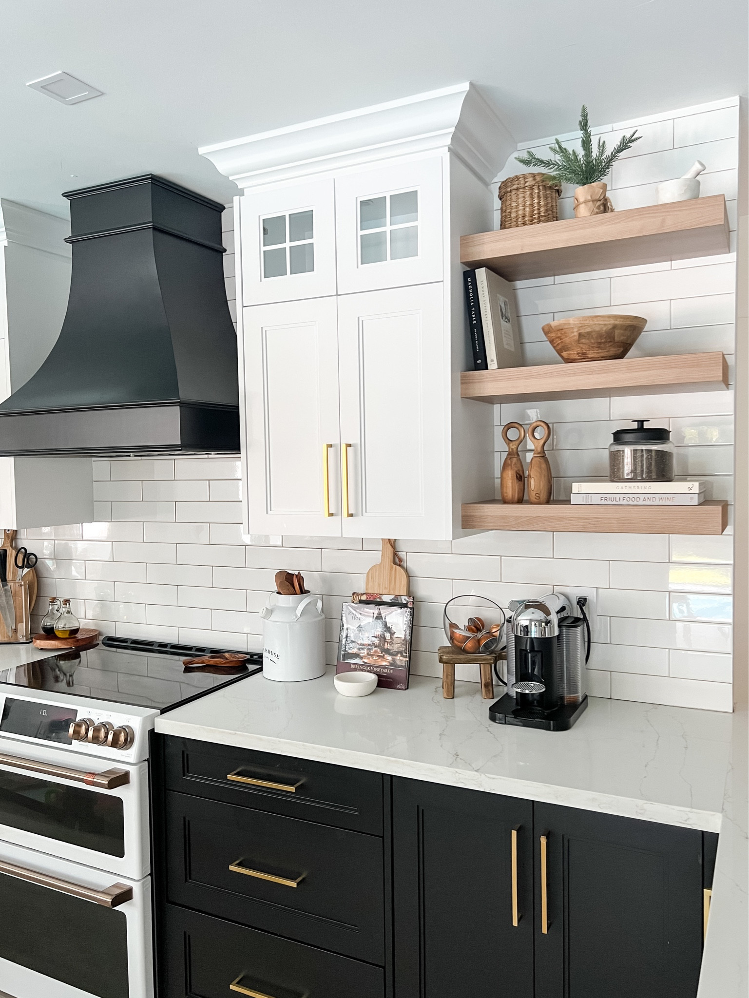 Kitchen shelves styling
Home decor 
Wooden bowl
Salt and pepper
Books
Black and white kitchen
Black and white home 

#LTKunder100 #LTKhome #LTKunder50