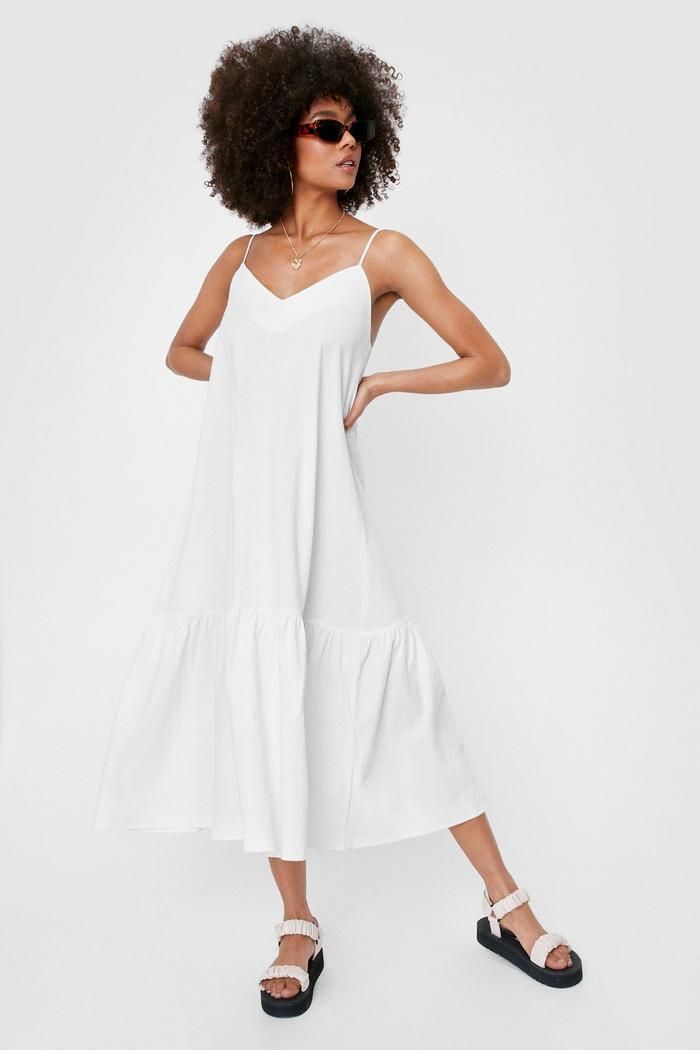 Oversized V Neck Linen Look Midi Dress | Nasty Gal (US)