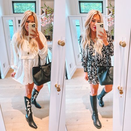 Wearing a small in the white dress and a medium in black floral dress.. size up in both boots! 