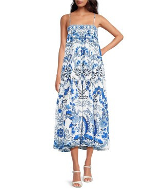 Floral Woven Spaghetti Strap Square Neck Shift Flounce Midi Dress | Dillard's