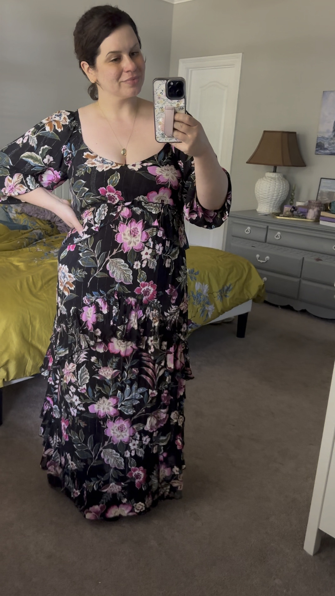 How pretty is this black floral print maxi dress? So perfect for Christmas parties, girls brunch, date night and more! Also linked the mini gold hoops and black boots I’m wearing. 

#LTKHoliday #LTKShoeCrush #LTKMidsize
