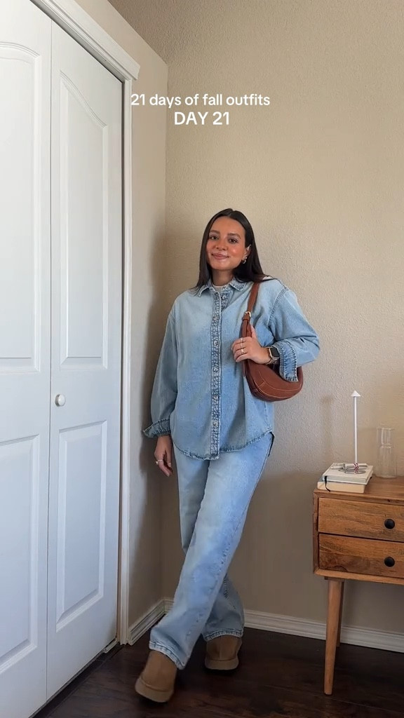 canadian tux moment👖🍂 (wearing top in size x-small + button down in size small + jeans in size 3) — bag is from tjmaxx!

#LTKSeasonal #LTKHoliday #LTKStyleTip