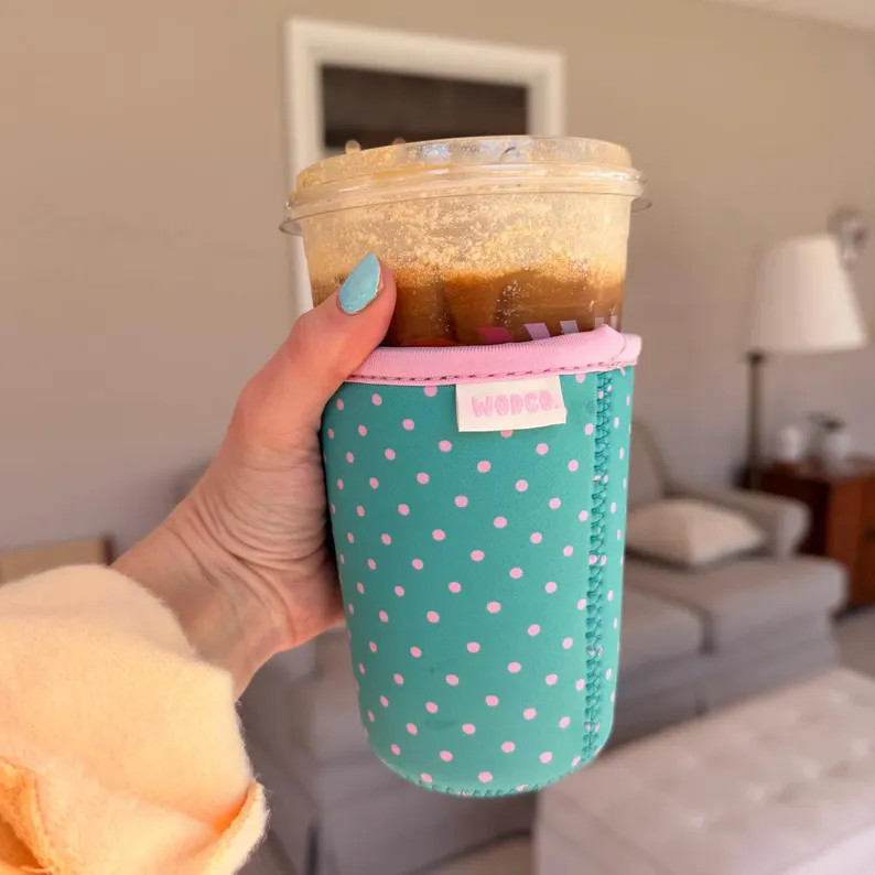 Green & Pink Polka Dot Patterned Iced Coffee Cup Drink Sleeve - Etsy | Etsy (Global)