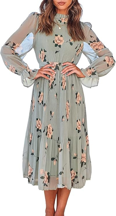 ANRABESS Women's Floral Midi Dress Puff Long Sleeve Casual Ruffle Chiffon A-Line Swing Pleated Be... | Amazon (US)