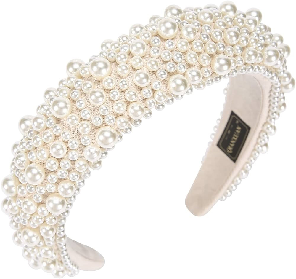 QIANXUAN Fashion Headbands For Women's Hair White Pearl Headbands For Girls Black Padded Headband... | Amazon (US)