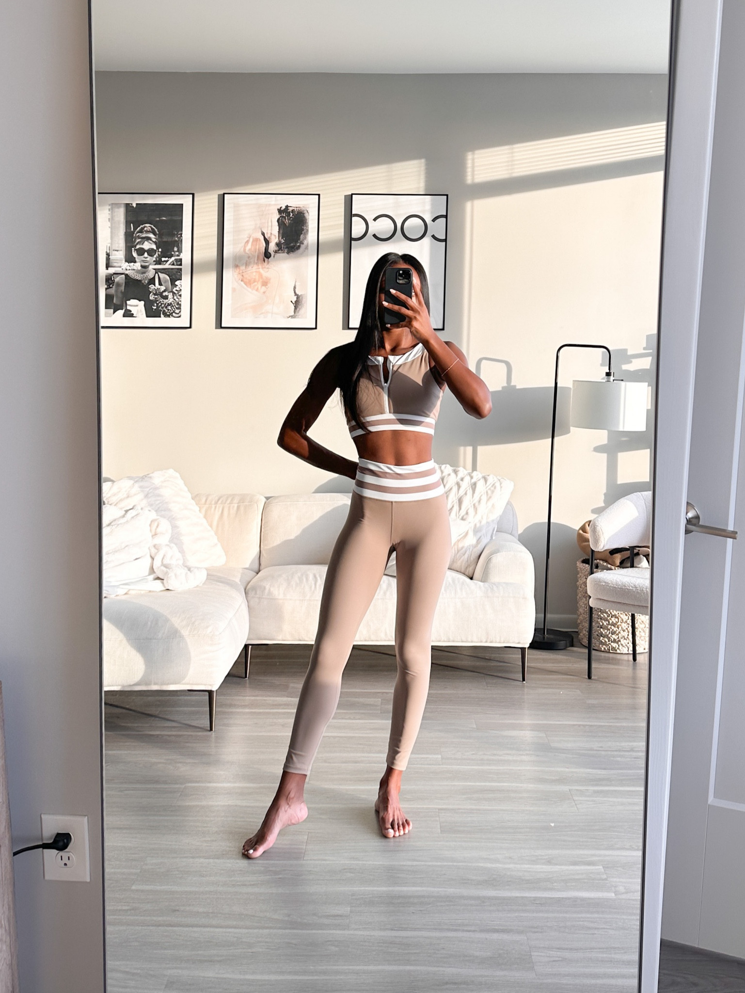 Sports bra, leggings, Pilates outfit, athleisure, workout outfit, matching workout set, tan and white sports bra, tan leggings, wearing a small in both Code: BRENNA15 

#LTKSeasonal #LTKfit #LTKunder100