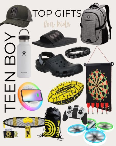 Teen boy gift guide includes gray backpack, dart board, bracelet, crocs, adidas slides, hydro flask, drone, spike ball, Bluetooth speaker with lights and charger, and hat.

Gifts for him, gifts for teen boy, teen boy gifts, Christmas gifts, gift guide

#LTKmens #LTKkids #LTKGiftGuide