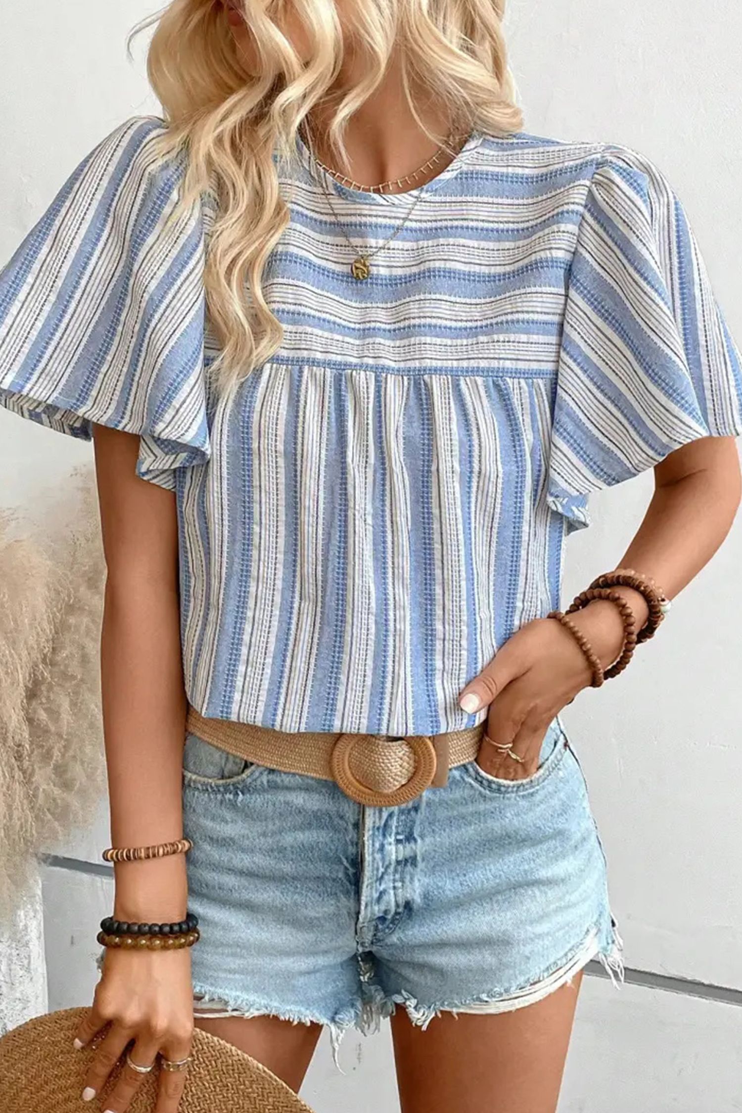 White & Blue Round Neck Flared Sleeve Top | Cupshe US