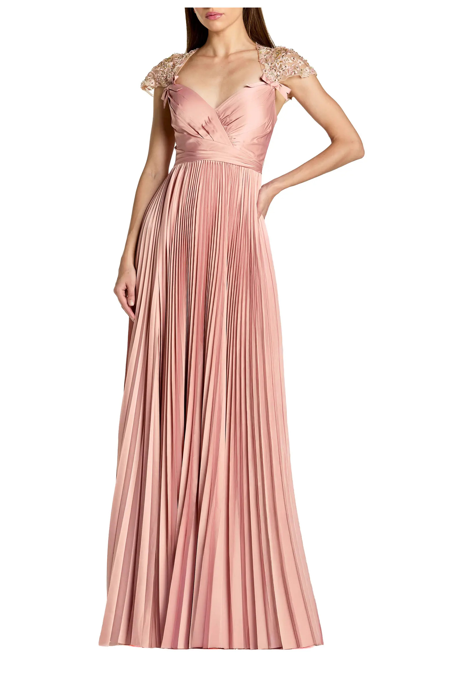 Pleated Charmeuse Embellished Cap Sleeve Gown | Nordstrom
