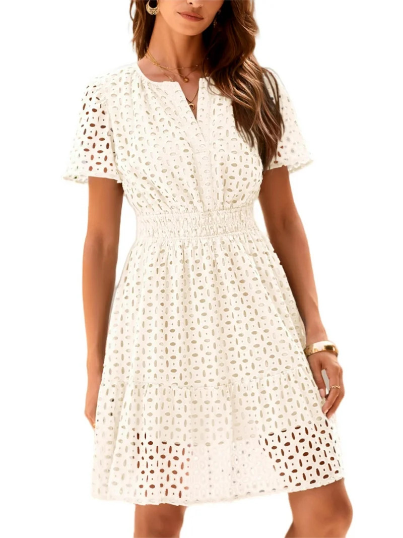 PRETTYGARDEN Womens Summer Short Dress V Neck Short Sleeve A Line Wear To Work Hollow Out Lace Ru... | Walmart (US)