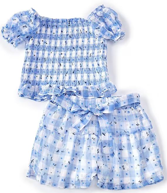Rare Editions Little Girls 2T-6X Puffed Sleeve Yarn-Dyed-Gingham Daisy-Printed Peasant Top & Matc... | Dillard's