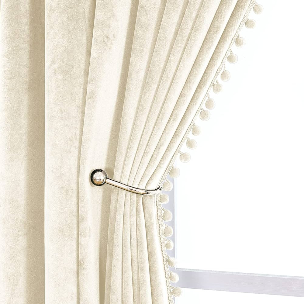 VANASEE Pompom Velvet Curtains for Bedroom Rod Pocket 52x84 inch Soft Blackout Window Curtains Ro... | Amazon (US)