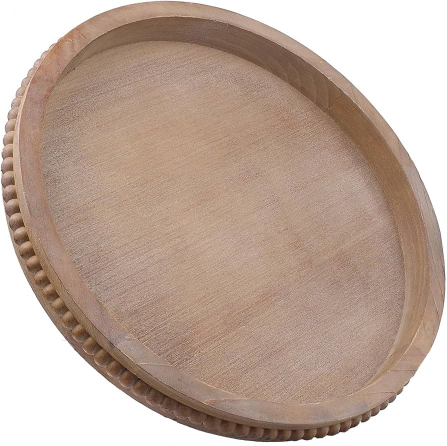 Wood Decorative Serving Tray with Bead, Round Vintage Wooden Ottoman Tray for Home Centerpiece, C... | Amazon (US)