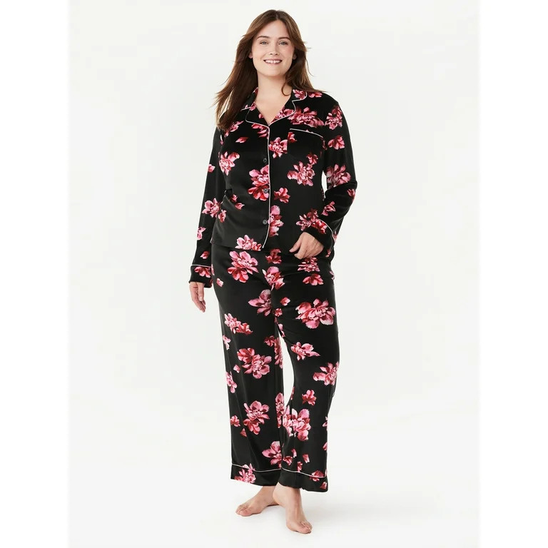 Joyspun Women’s Stretch Velour Notch Collar Top with Pants, 2-Piece Pajama Set, Sizes S to 3X | Walmart (US)