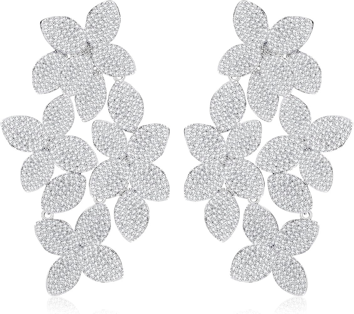 Dangle Crystal Flower Earrings for Women Drop Cubic Zirconia Rhinestones Statement Floral Earring... | Amazon (US)