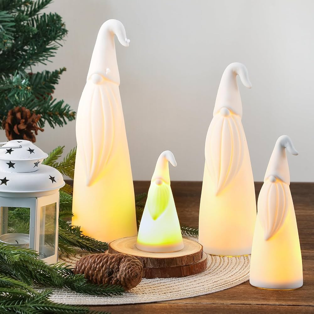 4 Pcs White Ceramic Lighted Gnomes Christmas Gnome Decorations Light up Gnome Figurines Holiday D... | Amazon (US)