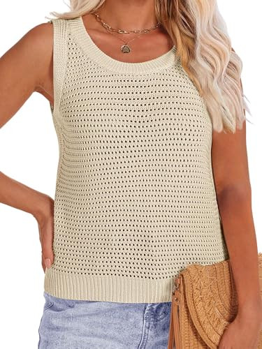 Bagavs Womens Crochet Tank Tops Sleeveless Summer Knit Crop Tops Crewneck Hollow Out Sweater Vest(Beige, Large) | Amazon (US)