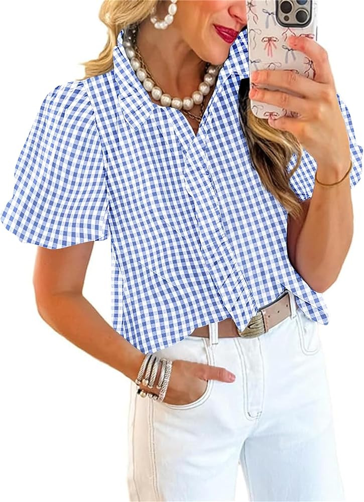 ETCYY Puff Sleeve Tops for Women Summer Striped Ruffle Tops Trendy Button Down Plaid Shirts Puffy... | Amazon (US)