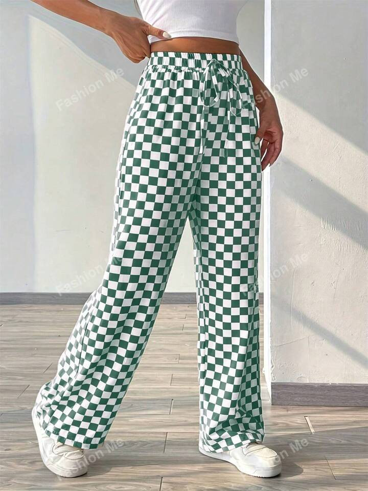 Checker Print Casual Wide Leg Pants With Drawstring Waist | SHEIN USA | SHEIN