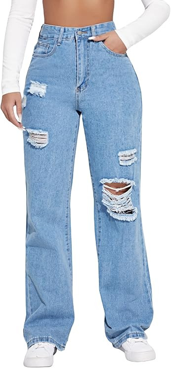 Floerns Women's High Waist Straight Leg Ripped Jeans Distressed Denim Pants | Amazon (US)