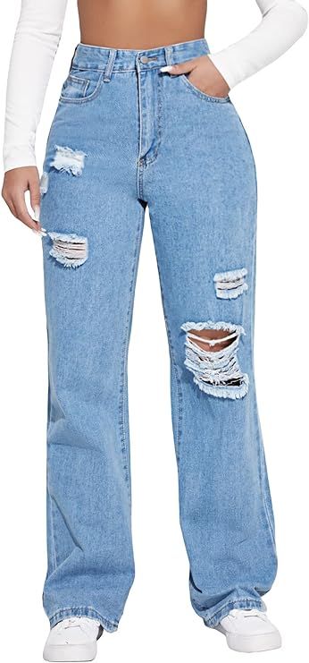 Floerns Women's High Waist Straight Leg Ripped Jeans Distressed Denim Pants | Amazon (US)