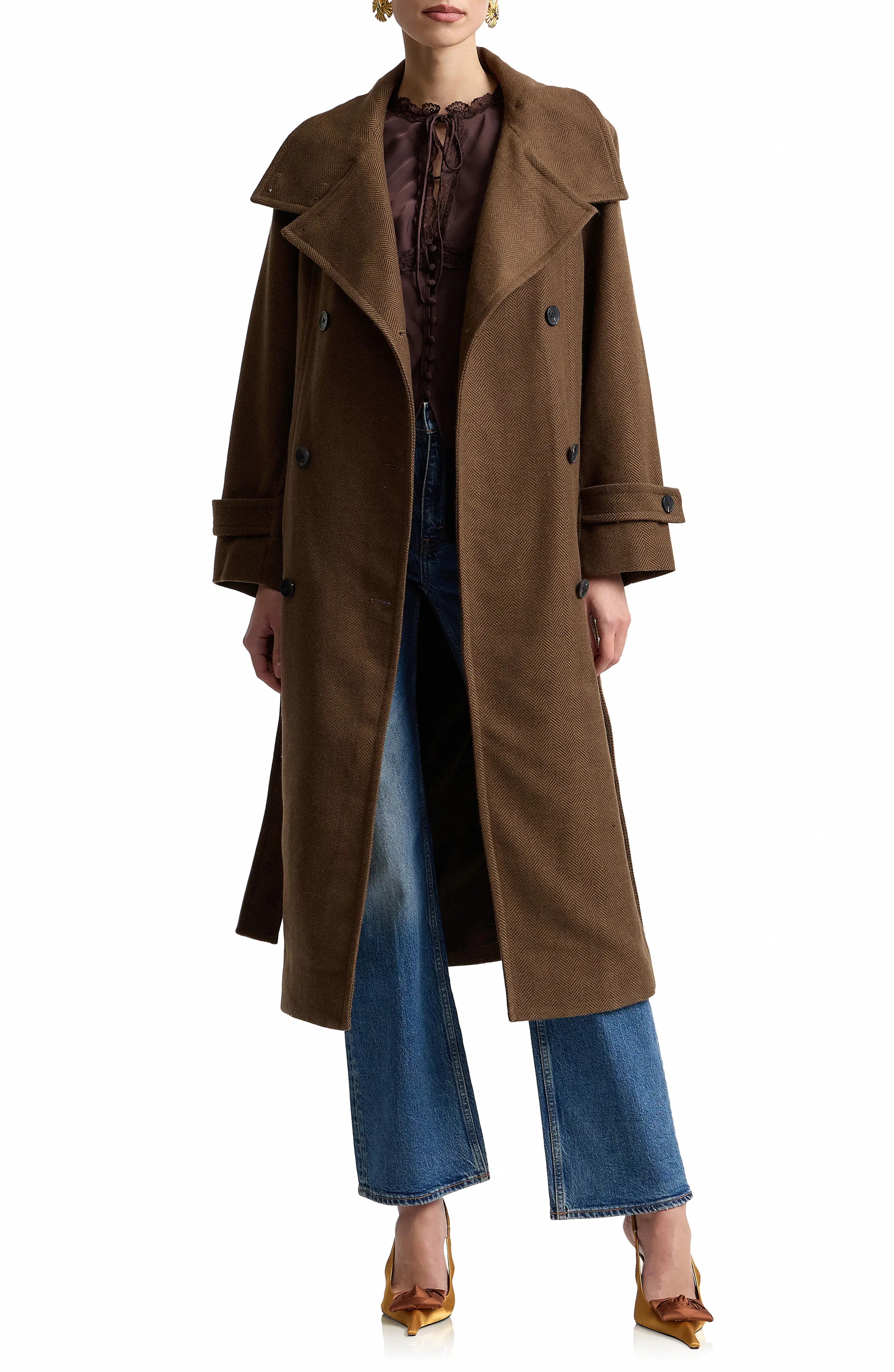 Avec Les Filles Belted Funnel Neck Herringbone Trench Coat (Women) | Nordstrom | Nordstrom