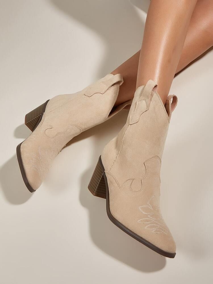 Faux Suede Embroidered Detail Chunky Heeled Western Boots | SHEIN