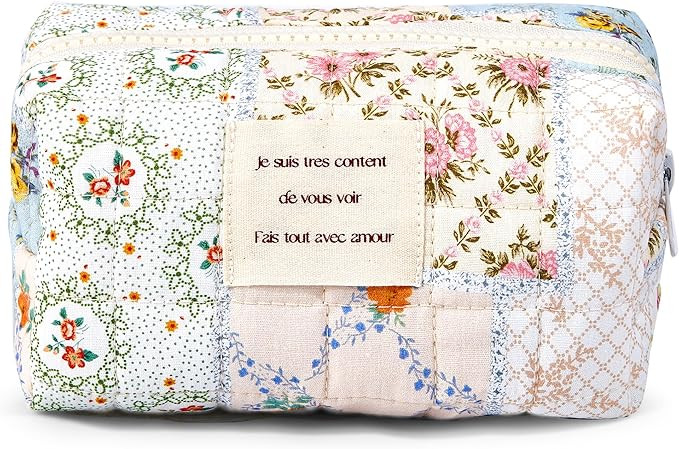 Floral Makeup Bag Small Cotton Quilted Cosmetic Bag Organizer, Aesthetic Cottagecore Preppy Porta... | Amazon (US)