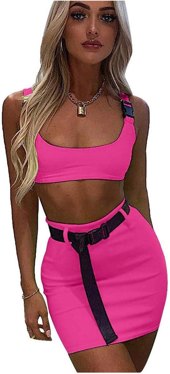 Women Sexy Buckle Tank Crop Tops Mini Skirt Set 2 Piece Rave Outfit Party Clubwear Bodycon | Amazon (US)