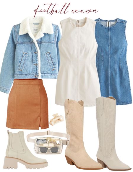 College football outfit, football season, tailgate outfit, football game, Abercrombie fall arrivals, fall outfit inspiration, denim dress, white denim dress, cowgirl boots, clear bag

#LTKstyletip #LTKU #LTKSeasonal