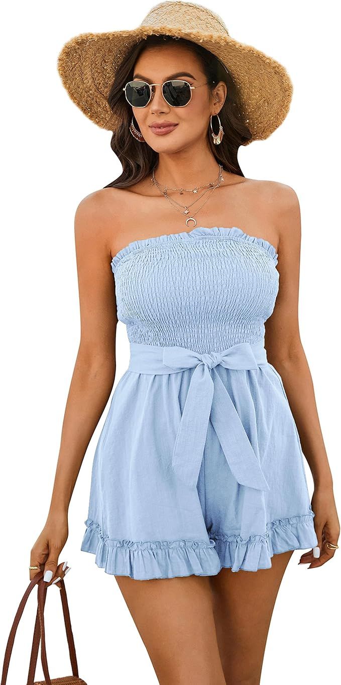 Women’s Summer Off Shoulder Smocked Rompers Strapless Ruffle Jumpsuit Cotton Linen Short Beach ... | Amazon (US)