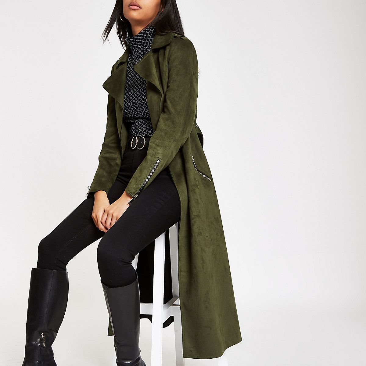 Khaki faux suede belted trench coat | River Island (UK & IE)