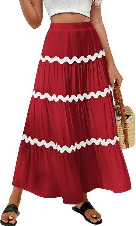 MIHOLL Women's Boho Maxi Skirt Long Summer Elastic High Waist A-Line Flowy Swing Casual Tiered Be... | Amazon (US)