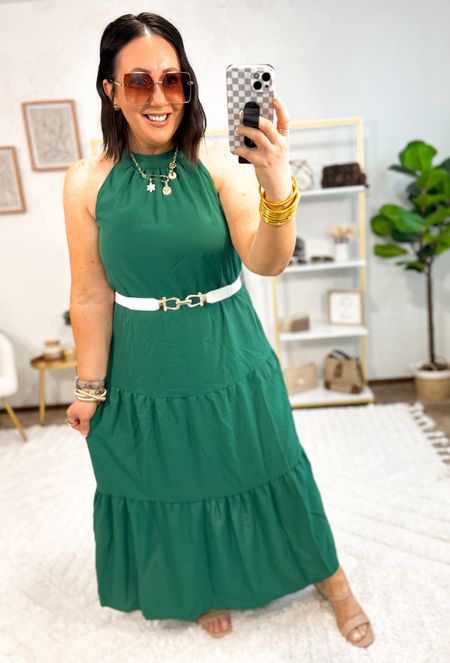 The prettiest tiered halter dress from Amazon!  Comes in lots of colors!  Wearing an xl!  Love this one paired with this stretchy belt!  Comes in a 3 pack. Wearing the largest size. Heels fit tts  

#LTKFindsUnder50 #LTKSeasonal #LTKMidsize