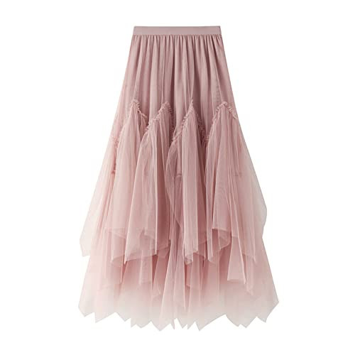 Women's Tulle Skirt Formal High Low Asymmetrical A-Line Fairy Elastic Waist Layered Long Midi Skirts Pink | Amazon (US)