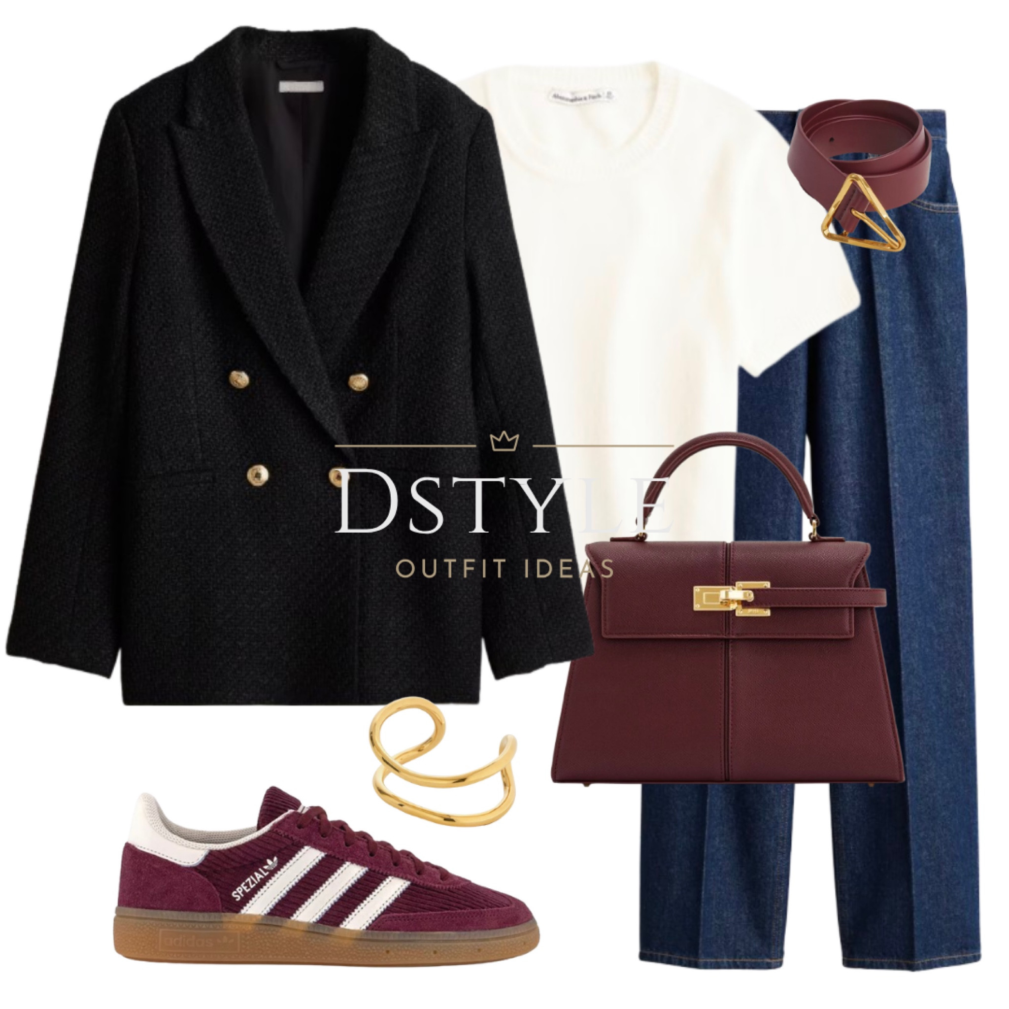 Black textured blazer, cream short sleeved sweater, sweater tee, straight jeans, burgundy belt, burgundy bag, matching Adidas Spezial sneakers/trainers

#LTKShoeCrush #LTKWorkwear #LTKStyleTip