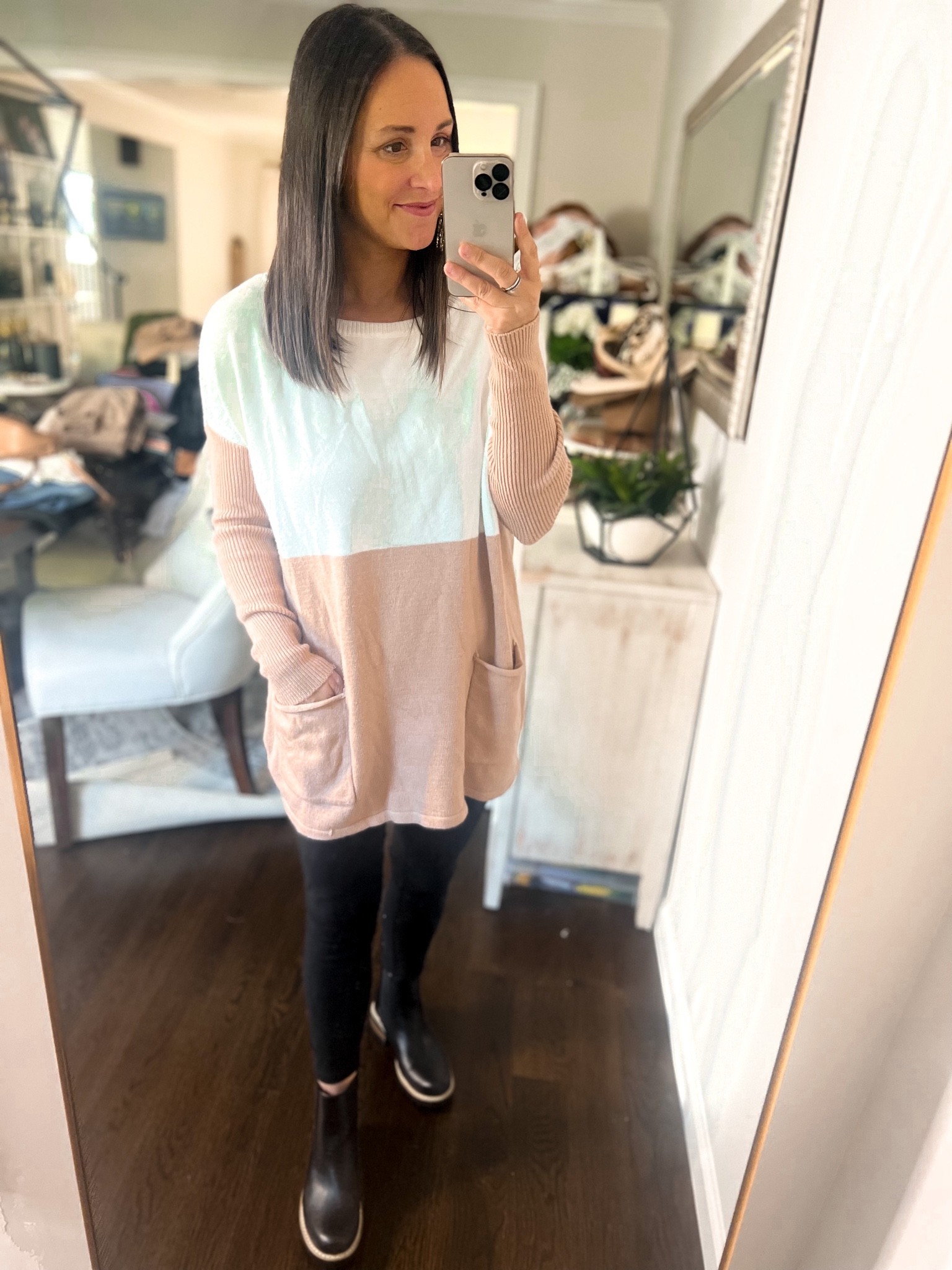 Thanksgiving outfit! Love this color block tunic  sweater - size small. These leggings are my favorite too! Super soft & very affordable! Come in a 3 pack! 

#LTKSeasonal #LTKunder50 #LTKstyletip