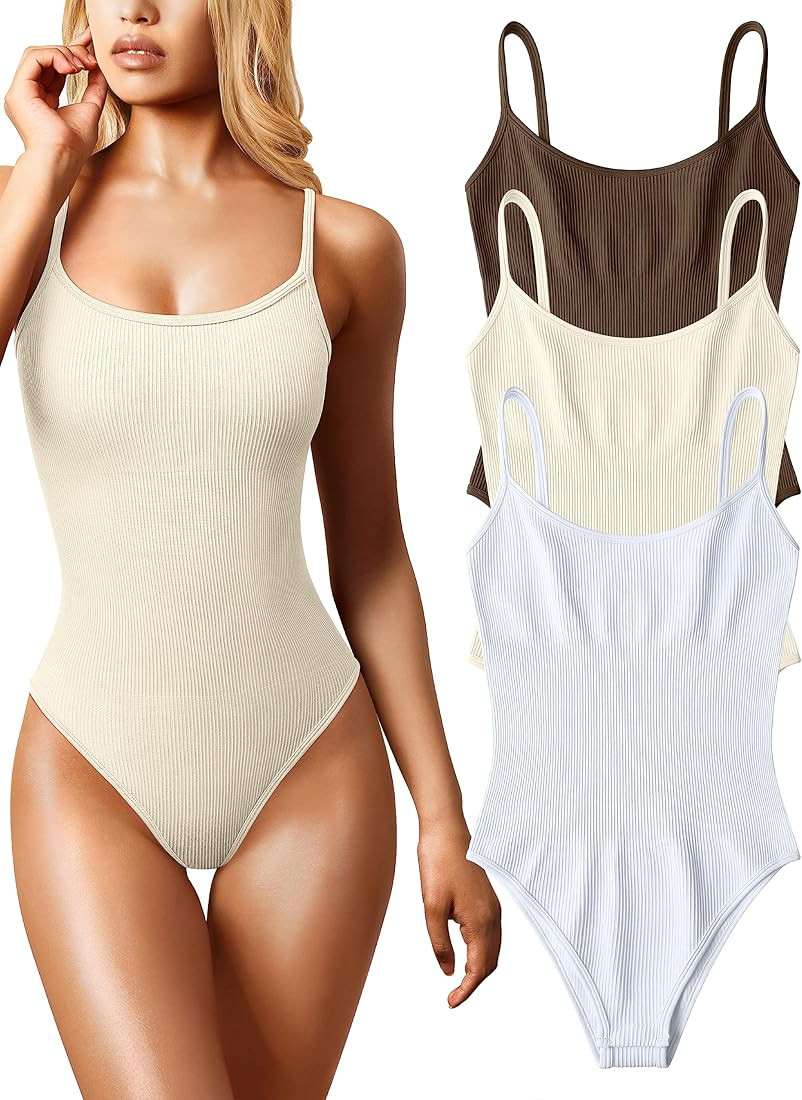 OQQ Women's 3 Piece Bodysuits Sexy Ribbed Sleeveless Adjustable Spaghetti Strip Tops Shapewear Bodys | Amazon (US)