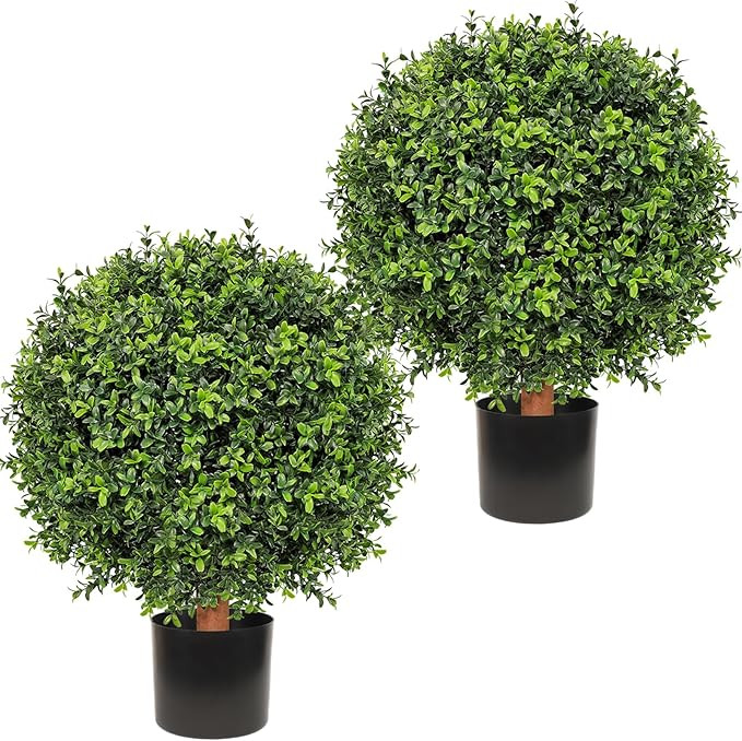 26 Inch Artificial Boxwood Ball Tree Outdoor – Set of 2 UV Resistant Faux Boxwood Topiary Trees... | Amazon (US)