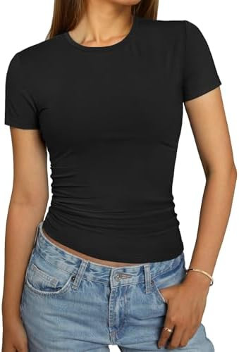 Women's Casual Basic Going Out Tops Slim Fit Short Sleeve T Shirts Summer Crew Neck Tight Crop To... | Amazon (US)