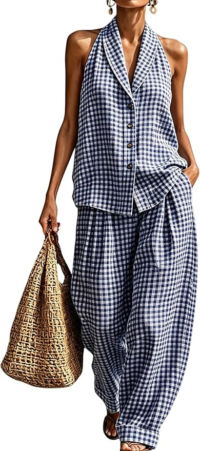 QIBABU Womens Gingham 2 Piece Outfits Halter Neck Button Front Tank Top Barrel Leg Pant Set Summe... | Amazon (US)