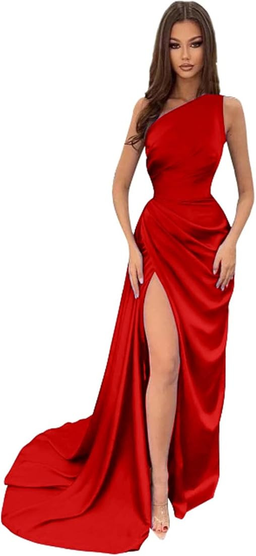 Women's One Shoulder Wrap Prom Dresses Long with Slit Pleated Satin Mermaid Formal Evening Gowns | Amazon (US)