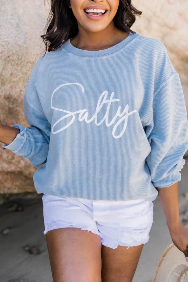 Salty Script Corded Graphic Faded Denim Sweatshirt | The Pink Lily Boutique