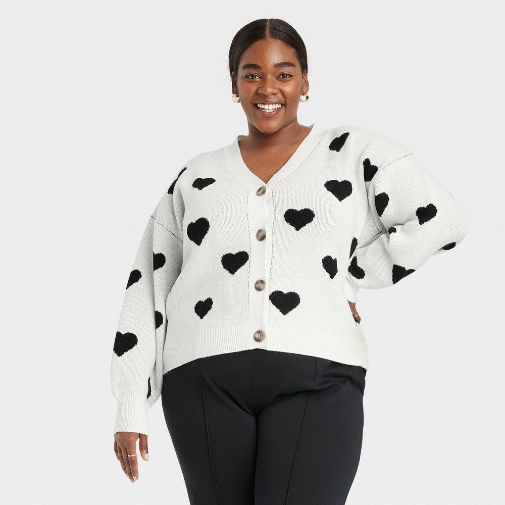 Women's Plus Size Button-Front Cardigan - A New Day Cream Hearts 4X, Ivory Hearts | Target