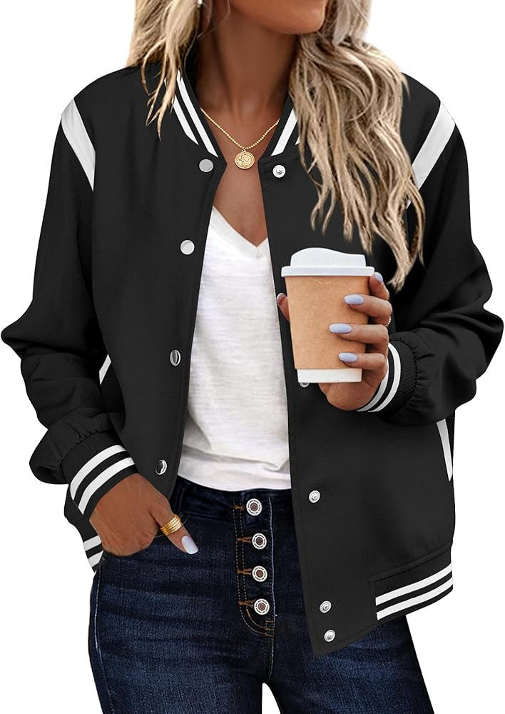 Zeagoo Bomber Jacket Women Varsity Casual Striped Button Down Lightweight Spring Short Outwear wi... | Amazon (US)