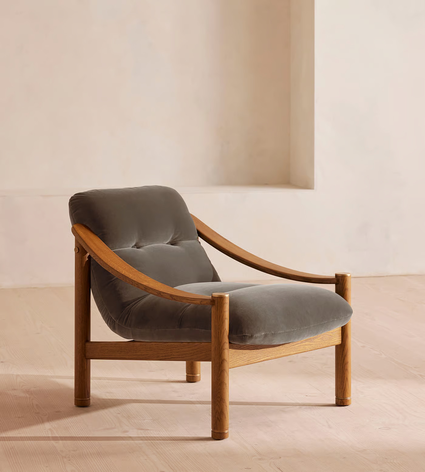 Karine Armchair, Midtone Oak, Taupe Velvet, US | Soho Home Ltd